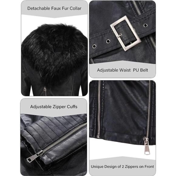 Black Faux Fur Leather Belted Motorcycle Bomber Jacket Sherpa Winter Biker Coat‎ - Picture 8 of 10